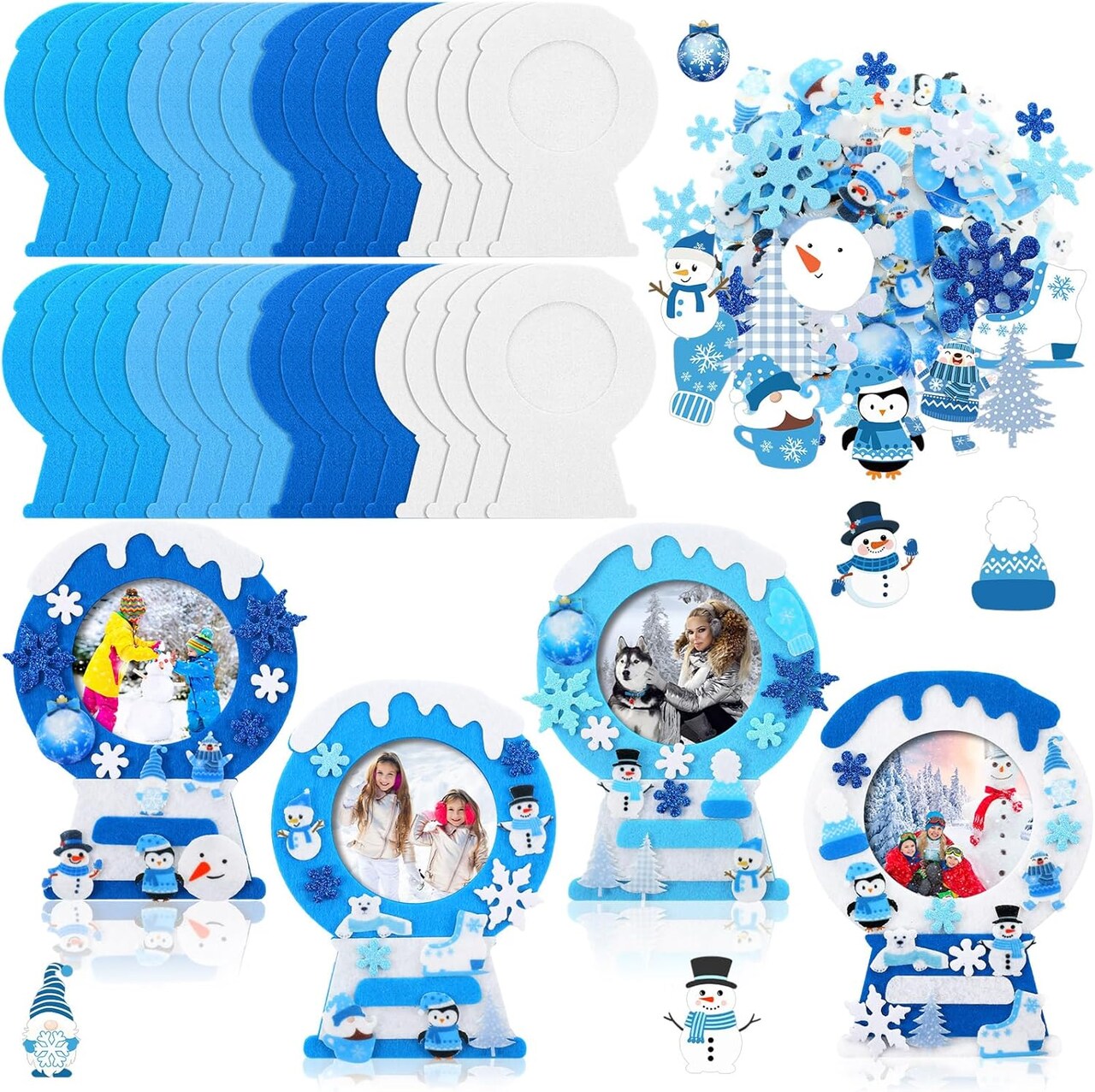 232 Pieces Winter DIY Picture Frames Craft Kit 32 Pieces Snow Photo Frames with 200 Stickers to Decorate for Xmas Winter Party Favor Classroom Home(Vivid Color,Fun Style)